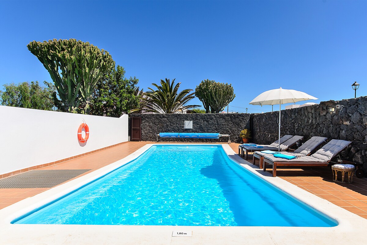 A private swimming pool is surrounded by tiled flooring, featuring comfortable loungers with cushions positioned nearby. Lush vegetation, including tall cacti and palm trees, can be seen in the background, contributing to the serene outdoor environment. A large umbrella offers shaded seating near the pool.