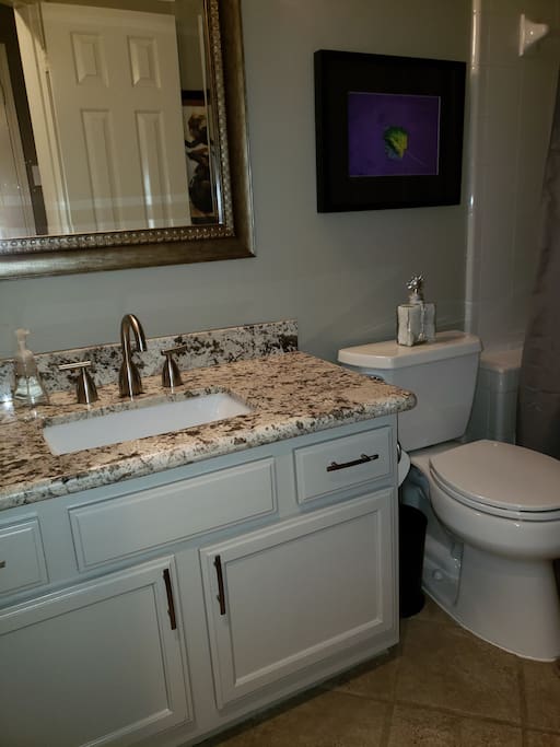 Private bathroom with shower and tub.