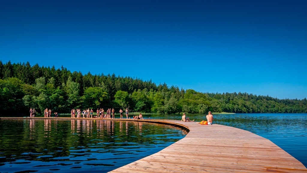 A curved wooden dock extends into a serene body of water, surrounded by lush greenery. Several individuals can be seen enjoying the day, with some sitting and others standing by the water's edge, contributing to a lively atmosphere.