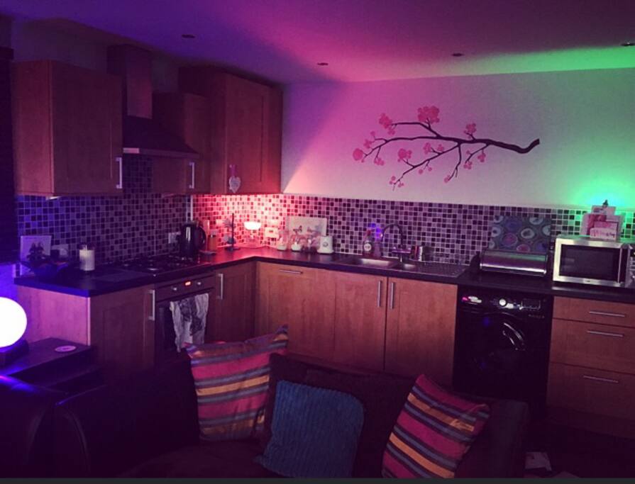 Philips Hue Smart lighting in the living room, kitchen and bedroom.