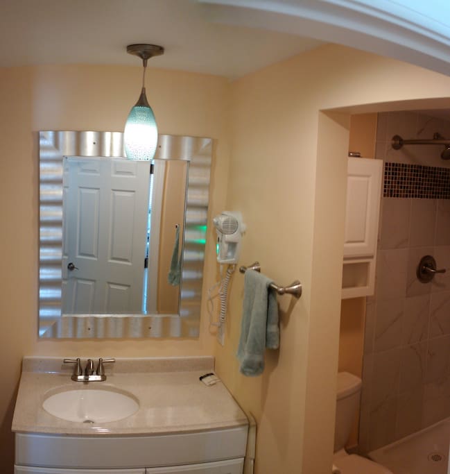 Bath with mounted hair dryer.