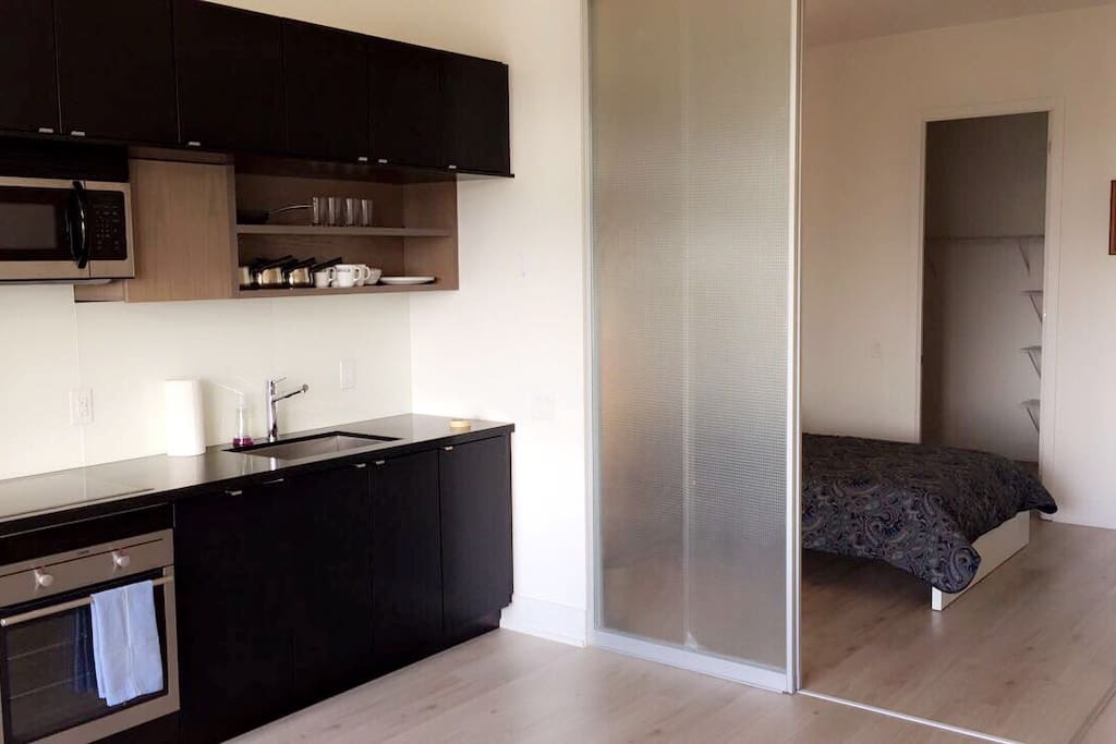 Kitchen, bedroom - open concept with frosted sliding door.
