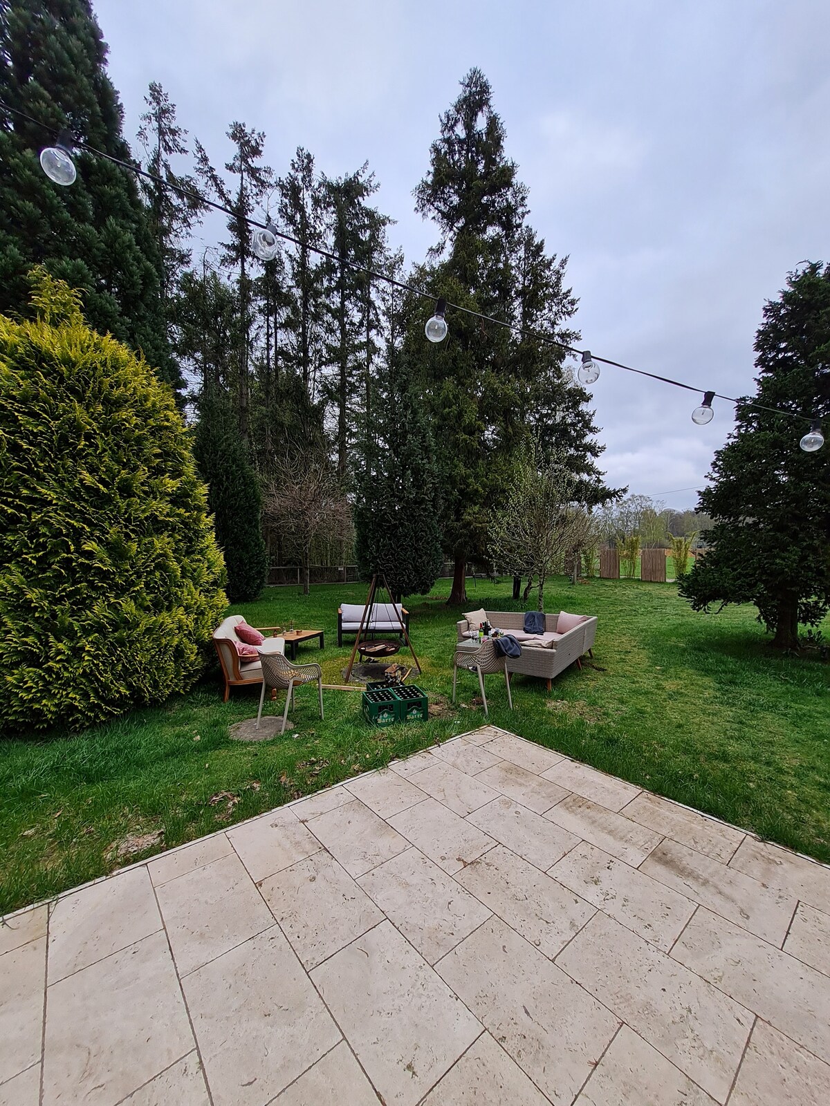 An outdoor space features a lounge area with comfortable seating surrounded by tall trees and green shrubs. A fire pit is positioned at the center, with a string of lights overhead, creating a cozy atmosphere for gatherings.