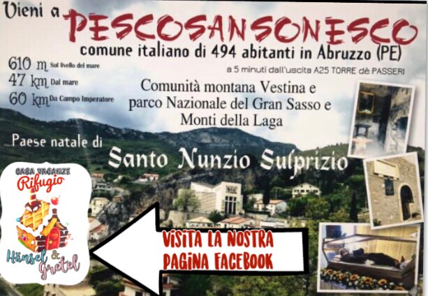 A welcoming sign introduces the location of Pescosansonesco, highlighting its community size and proximity to natural attractions. The backdrop displays a mountain landscape, providing insight into the area's scenic surroundings. Additional contact information, such as the invitation to visit the Facebook page, is also included.