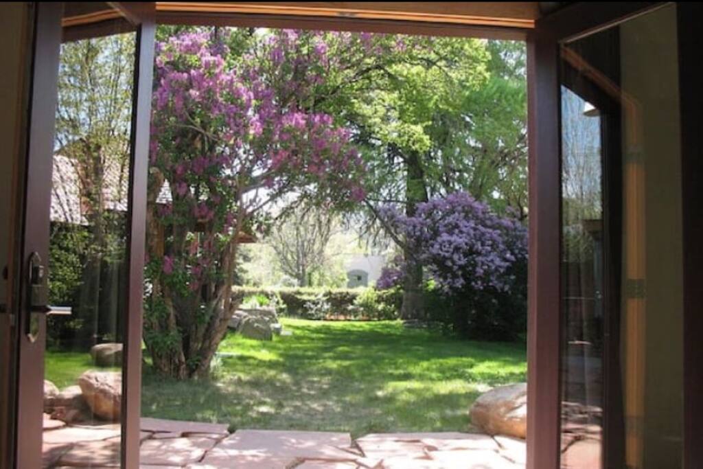 French doors to the large yard and patio.
There are 3 sets of French doors in our guesthouse, all 3 open to the yard and patio and allow for beautiful views and natural light.