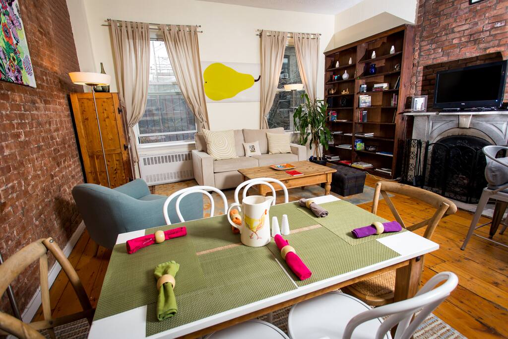 The dining table seats six comfortably