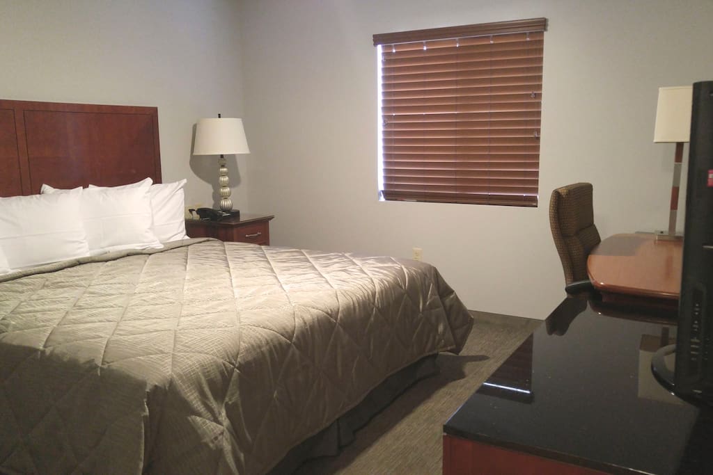 Separate bedroom area includes king sized bed, 40" flat screen television, desk area and closet