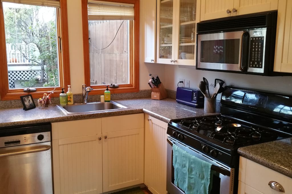 Kitchen with a garden view
