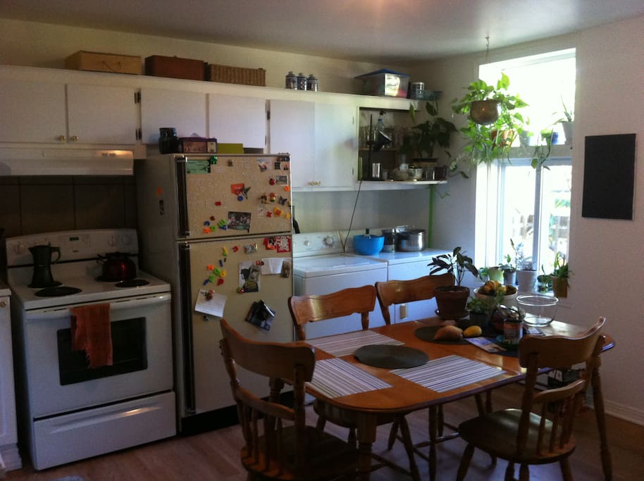 Grande cuisine ouverte et lumineuse, vous aurez une place dans le frigo et accès à la terrasse et au balcon !