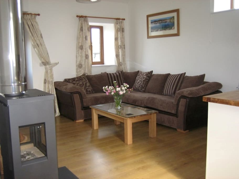 Delfryn - Open plan lounge with wood burning stove