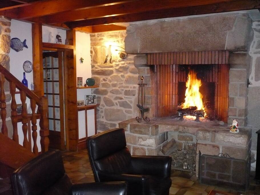 Salon avec une cheminée ouverte
