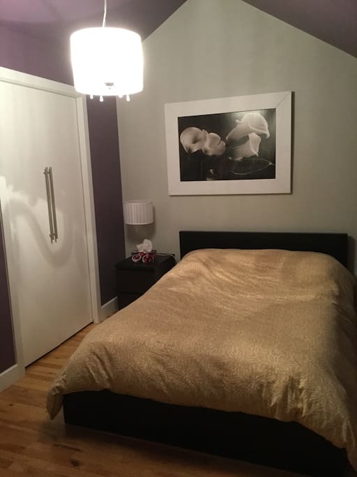 Chambre principale; lit double
Beaucoup de rangement et garde-robe libre
Accès à votre salle de bain privée (douche, bain, lavabo et toilette)