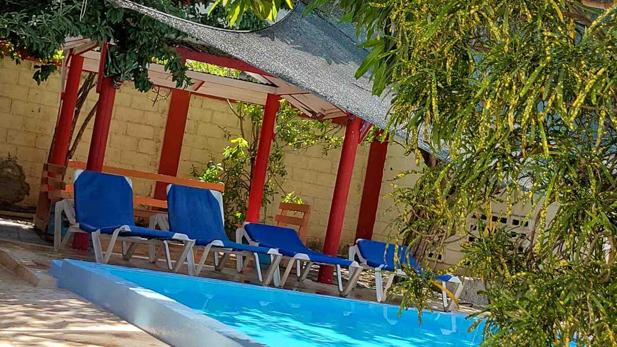 A refreshing swimming pool is surrounded by lounge chairs in a shaded area, offering a relaxing space for visitors. Lush greenery is present, enhancing the serene environment. The pool area is designed for comfort and enjoyment, ideal for leisure activities.