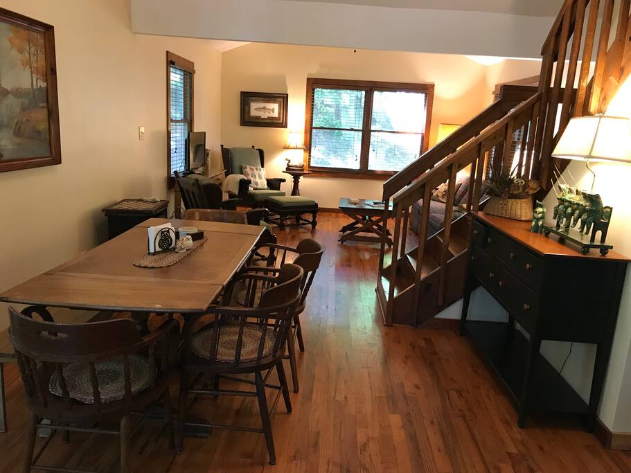 Dining- there is a bench on one side of the table.