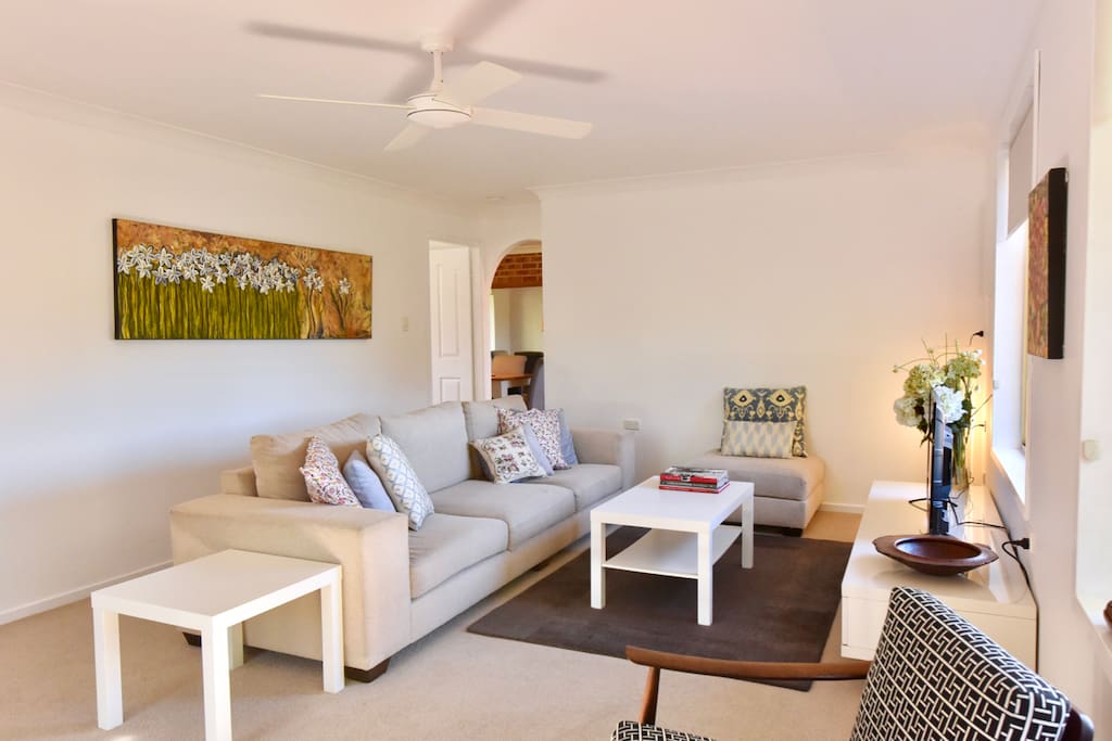 Living area is generous in size and bright. Over head fan for hot days, gas heater for when its cool.