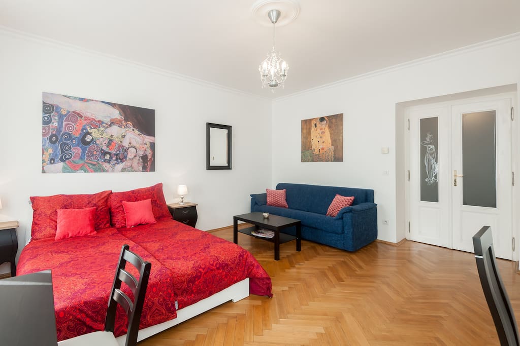 The living room with a king size bed
