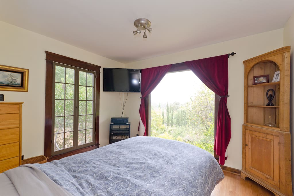 Master bedroom, with the view out front window, extended full size bed, and flat screen tv