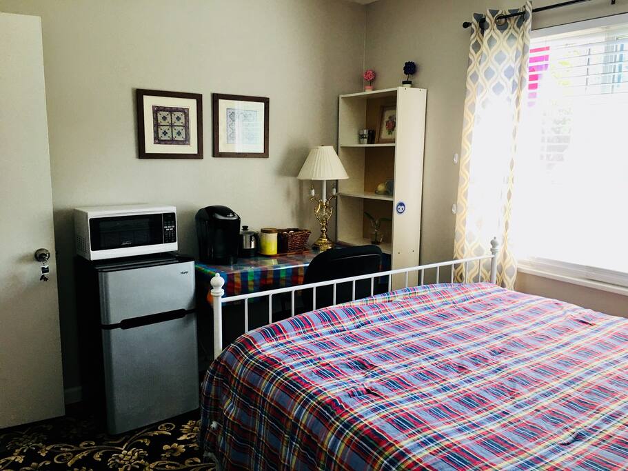 Mini fridge, microwave oven and coffee maker