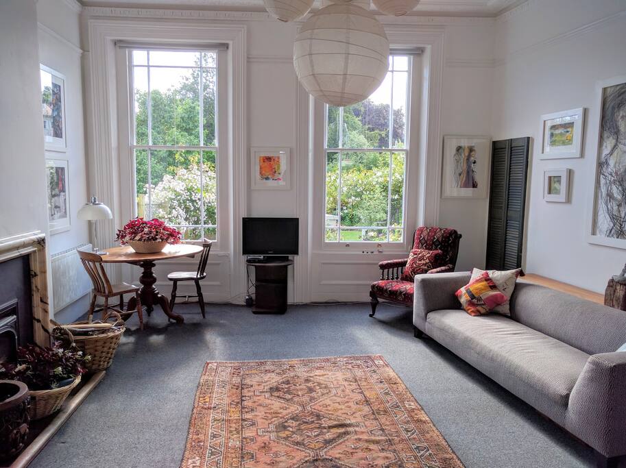 High ceilings and tall windows allow in lots of light