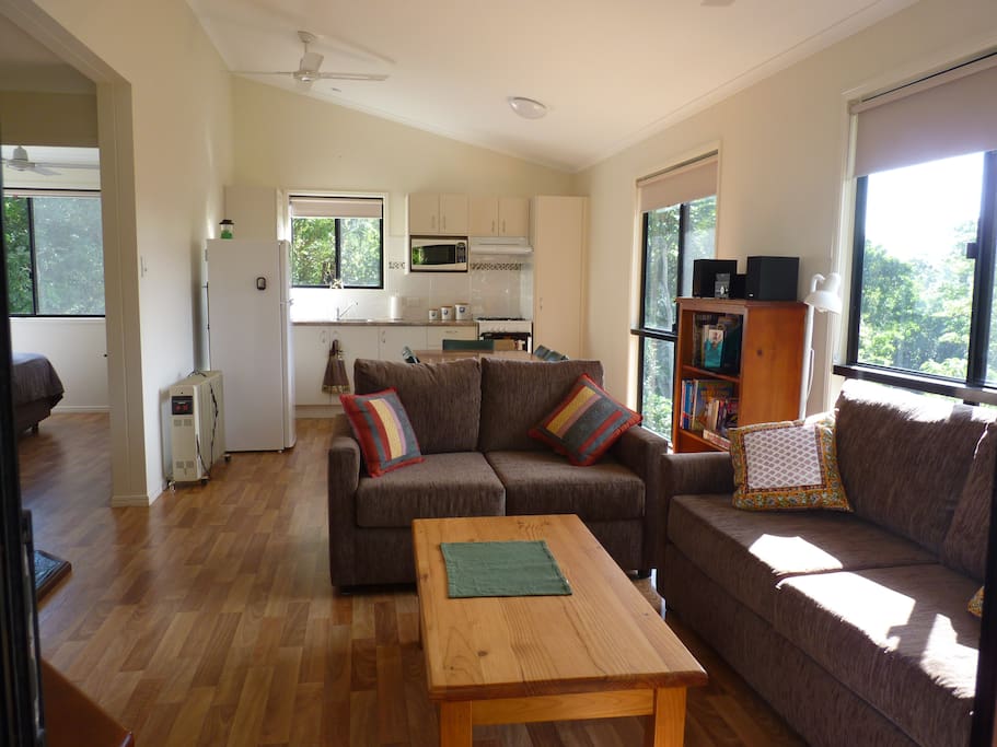 Inside the living area of Bellthorpe Cabin
