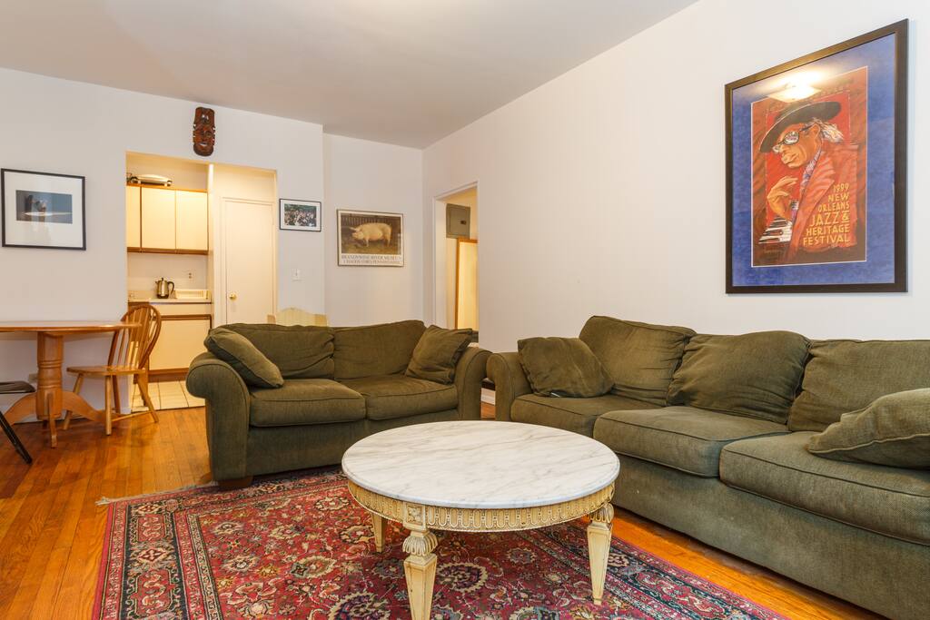 Large spacious room with beautiful wood floors and 9 feet ceilings! Cool AC!