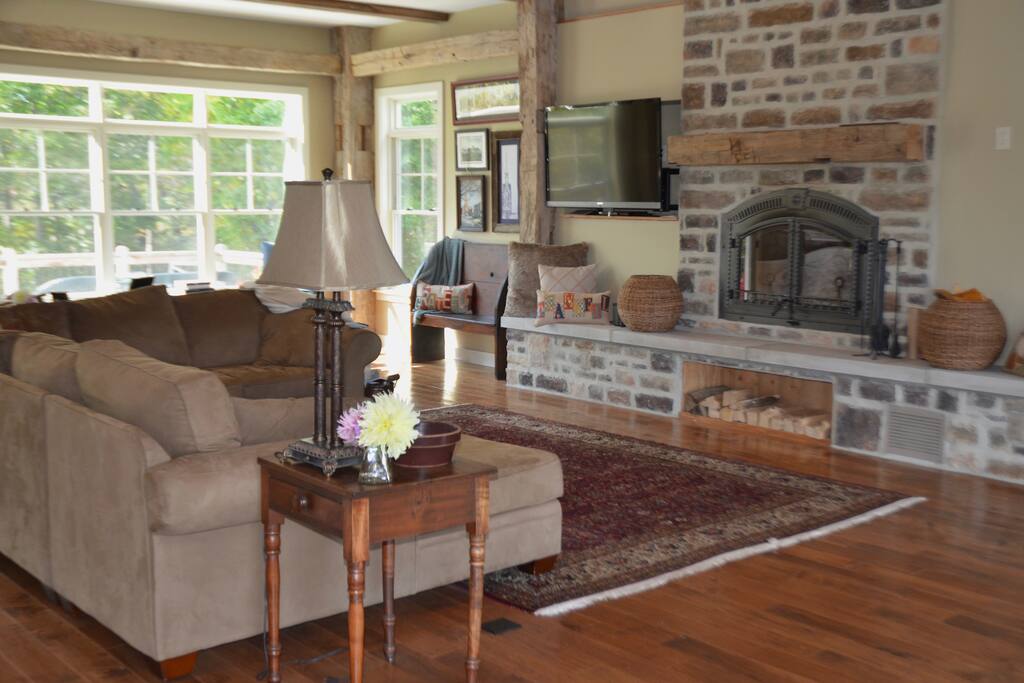 Great room, enjoy the large wood burning fireplace