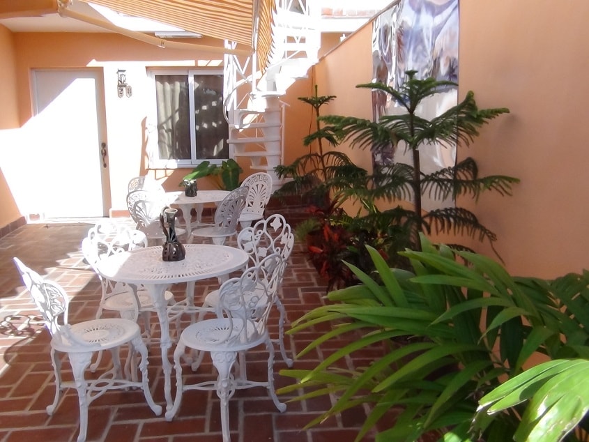An outdoor seating area is featured with a white metal table and six intricately designed chairs. Surrounding greenery adds a natural touch, with potted plants and a palm contributing to a relaxing atmosphere. A spiral staircase and walls painted in warm orange create an inviting space.