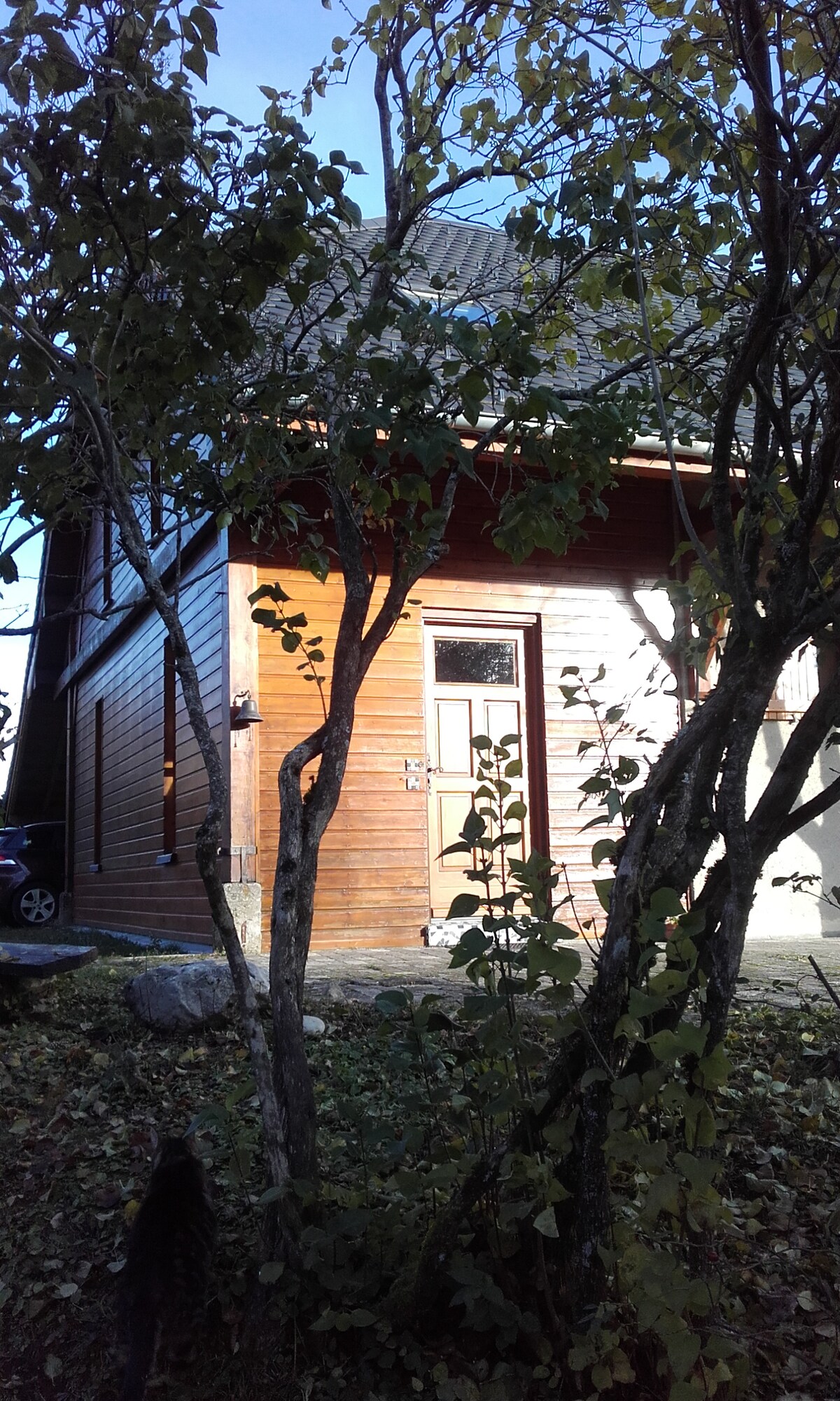 A wooden chalet is framed by trees, showcasing a welcoming entrance with a light-colored door. The structure features a combination of wood and stone materials, enhancing its rustic appeal. A vehicle is parked nearby, indicating convenience for guests.