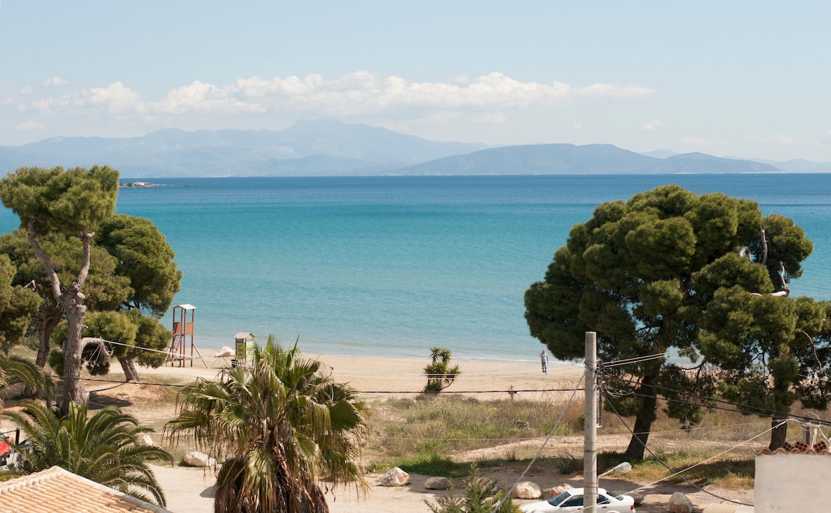 A serene view of the Aegean Sea is presented, showcasing clear turquoise waters meeting a sandy beach. Lush green trees frame the scene, with distant mountains visible under a bright blue sky dotted with clouds.