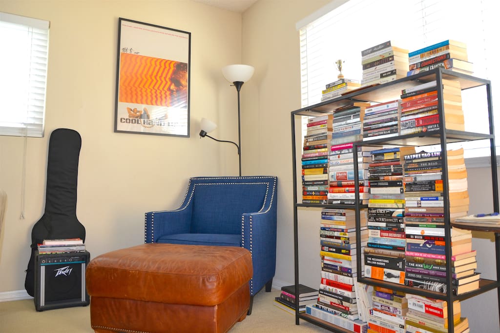 Curl up with a book in this homey reading nook.