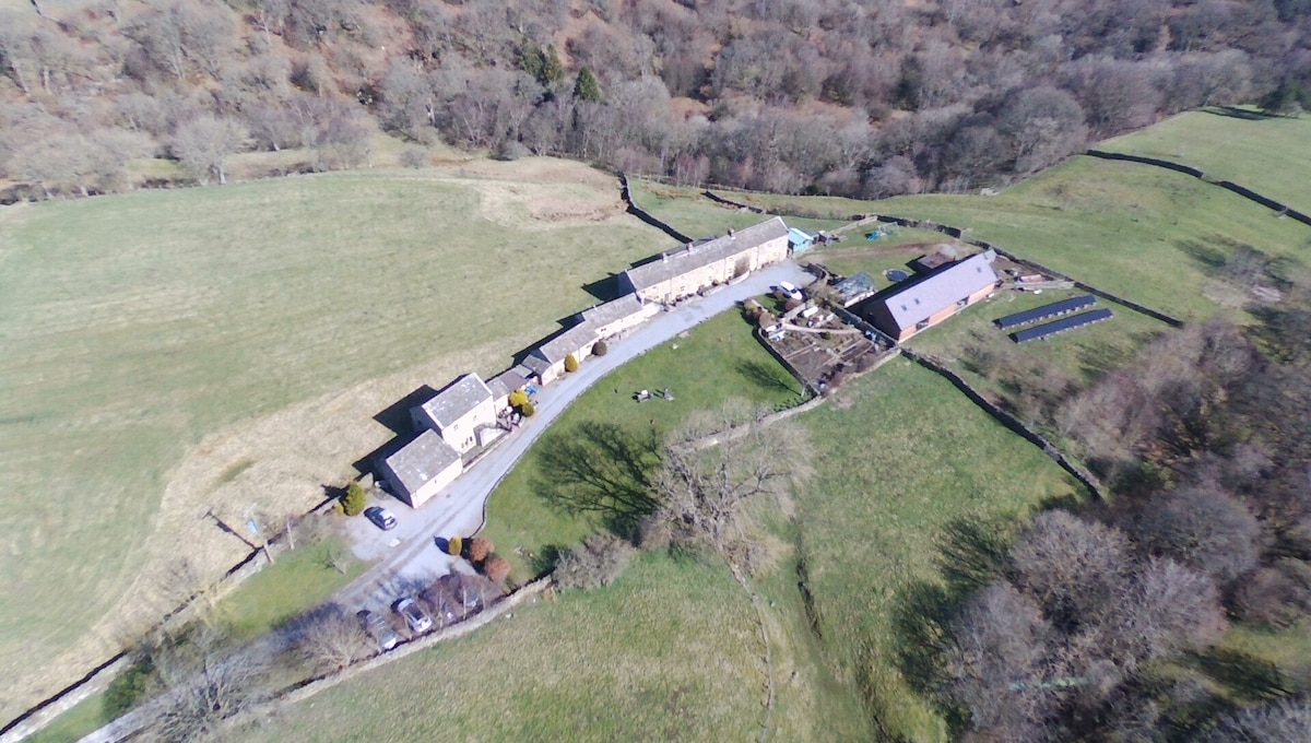 An aerial view of the cottage complex shows a collection of buildings set amidst expansive green fields. The surrounding landscape features trees and rural pathways, with ample space for outdoor activities. A clear road leads to the cottages, promoting easy access to the property.
