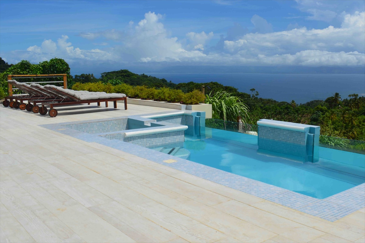 An infinity pool reflects the sky, surrounded by a sun deck furnished with loungers. Lush greenery serves as a backdrop, and an expansive view of the ocean extends toward the horizon. The pool's edge blends seamlessly with the outdoor space, inviting relaxation.