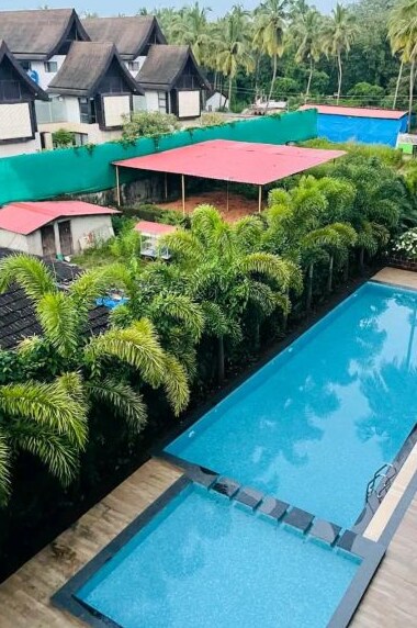The image captures a serene swimming pool bordered by lush palm trees. A modern deck accompanies the pool, which reflects the clear sky. In the background, colorful buildings are seen amidst vibrant greenery, creating a peaceful environment.