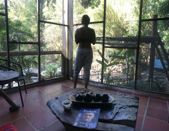 A screened-in patio presents a serene view of lush greenery and the flowing river through large glass panels. A wooden table, adorned with a magazine and natural decor, complements the tranquil setting. Natural light floods the space, creating a connection with the outdoors.