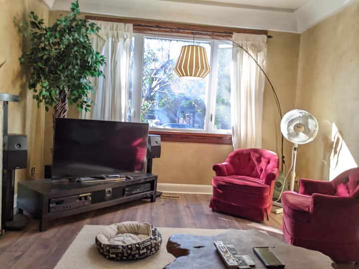 סלון עם חלון גדול אל הרחוב.  מוארת, אוורירית ומרעננת.