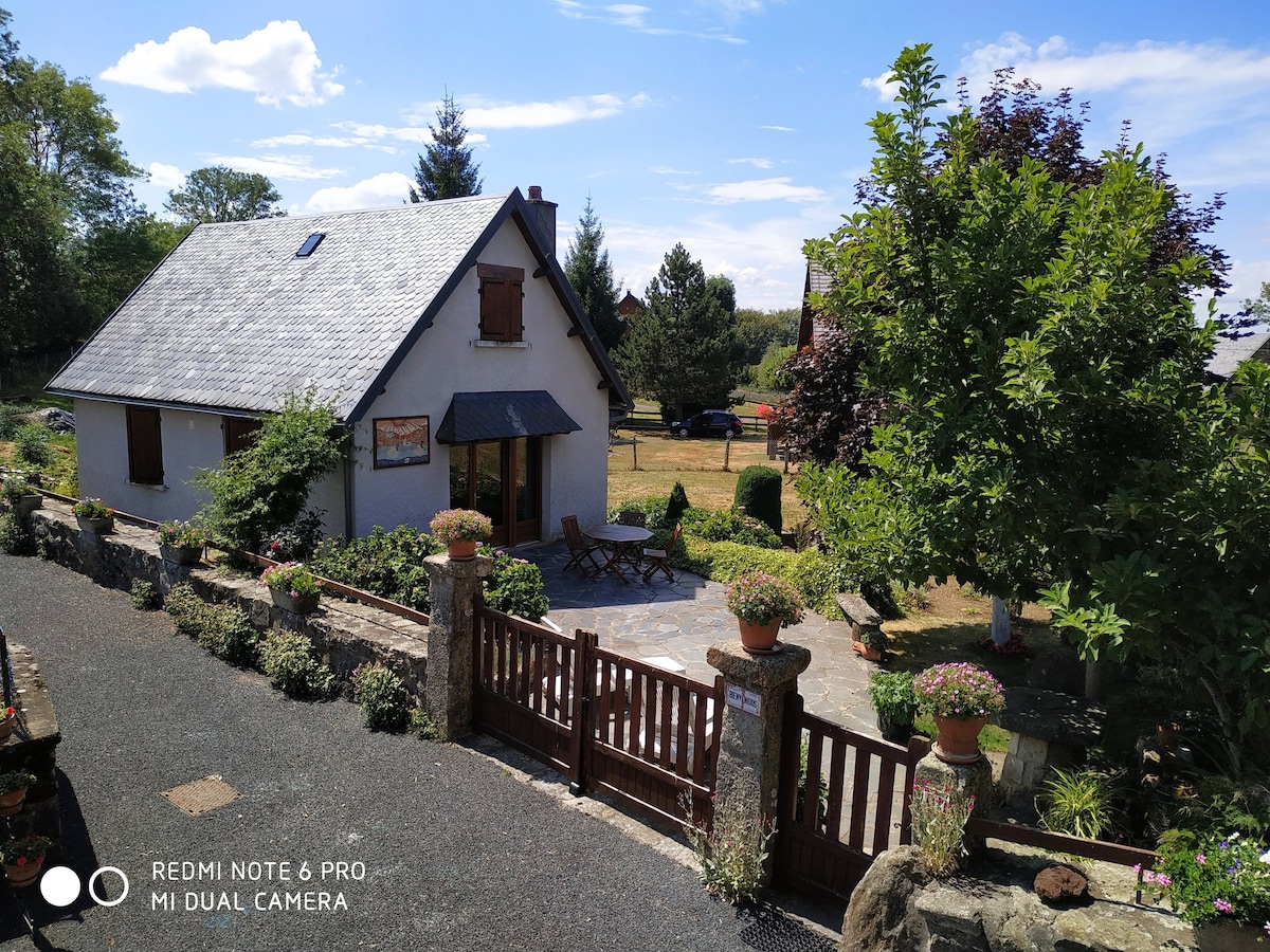 The image displays a charming house framed by lush greenery. A stone pathway leads to an entrance adorned with a wooden gate. The front features a patio area with seating and decorative plants, set against a backdrop of a clear blue sky and trees.