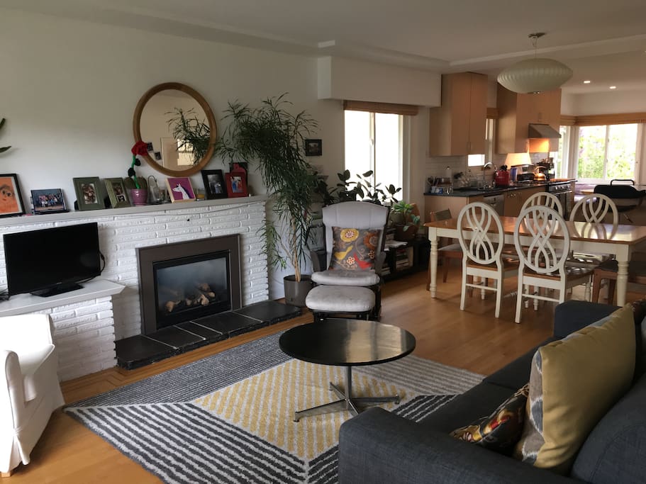 Large, bright, open-concept living room and kitchen, newly renovated.