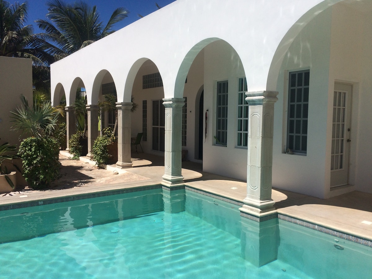 A serene pool area is framed by elegant white arches, providing a view of lush greenery. Windows with blue frames complement the airy atmosphere. The pool reflects the sunlight, inviting relaxation beneath the palm trees that surround the space.