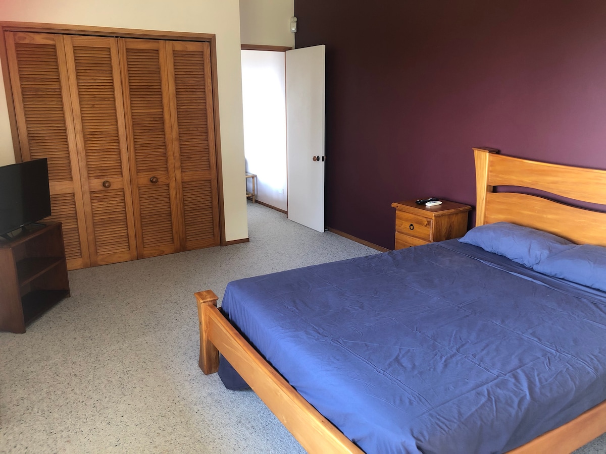 Chambre principale avec lit Queen Size confortable, télévision et ventilateur au plafond