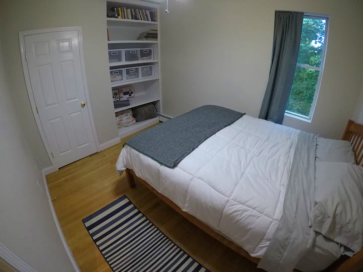 Bedroom #3. Queen bed, closet, ceiling fan, built-shelves. Extra blankets and towels are stored in this bedroom, kid's sheets and comforter, along with some video game systems and books.