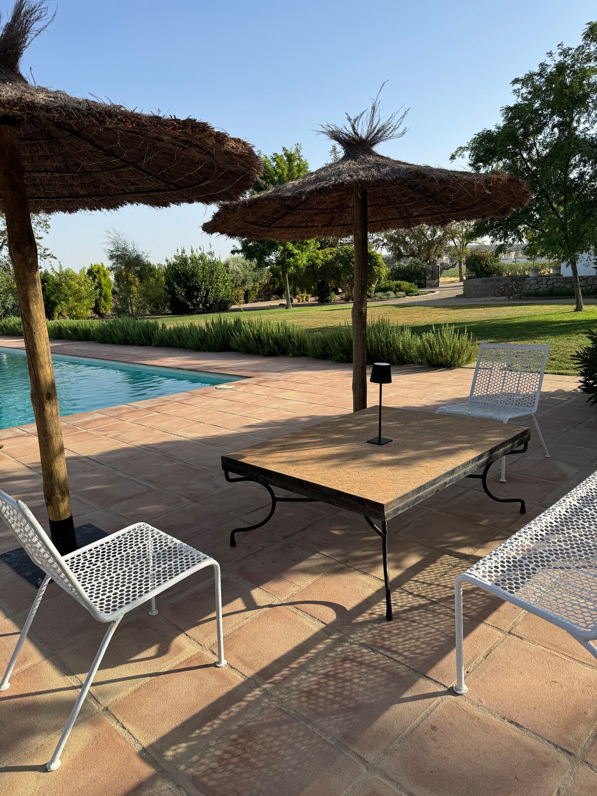 An outdoor seating area is presented beside a landscaped garden and a private pool. The space features a stone table accompanied by two metal chairs. Shade is provided by thatched umbrella structures. Sunlight creates a serene atmosphere across the patio tiles.