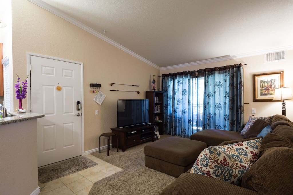 Living Room with 50" HDTV, Cable TV, DVD player, and Entertainment game consoles