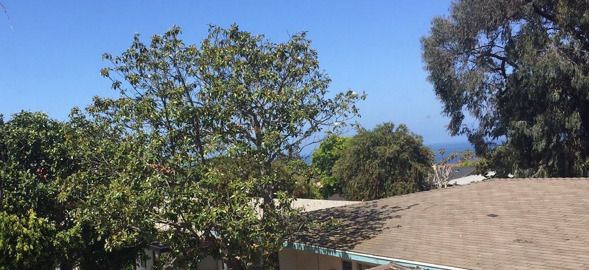A panoramic view showcases a vibrant landscape filled with lush green trees, with the ocean visible in the background. The photo captures the rooftop of an adjacent building, adding depth to the serene coastal scenery under a clear blue sky.