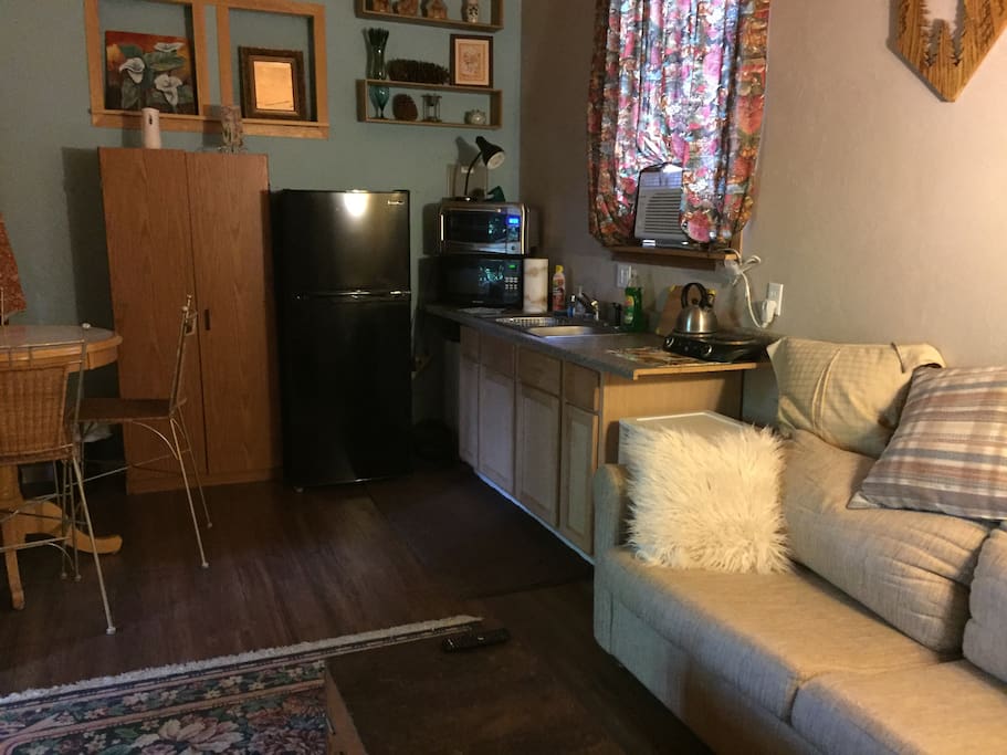 Kitchen with fridge, oven, microwave and plug in two burner.