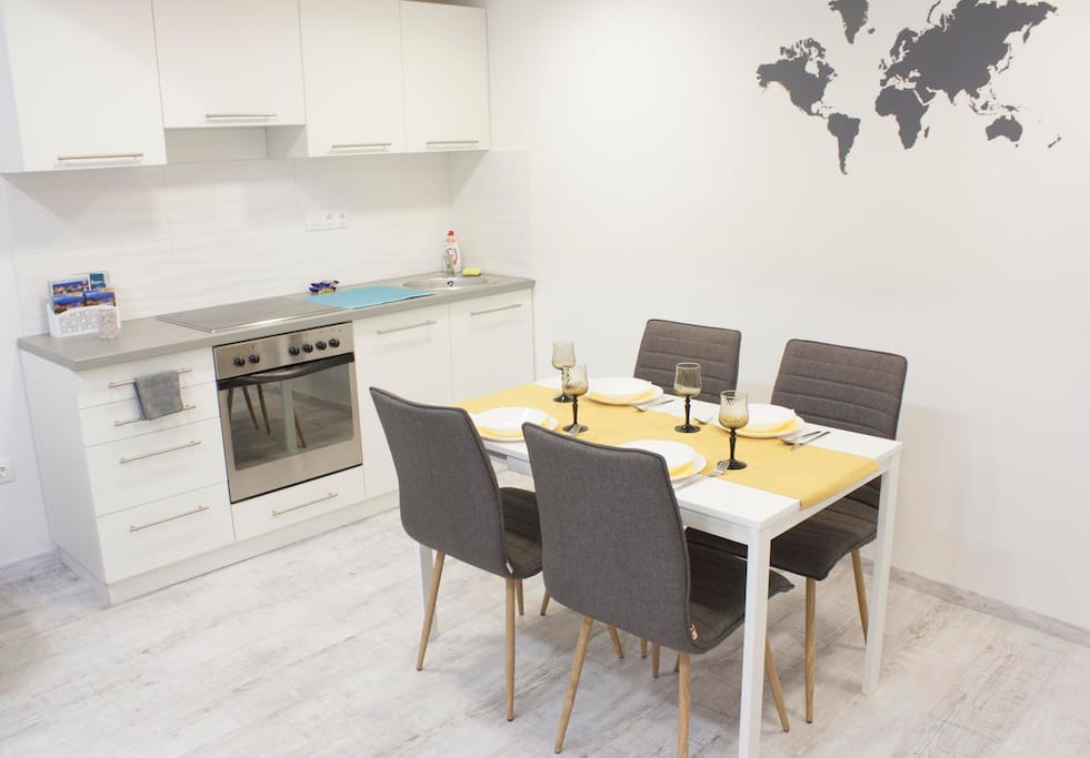 kitchen with the dining table, which can be suitable for up to 6 persons