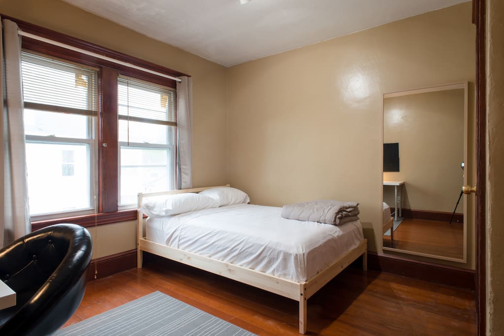 includes a large 63” x 28” mirror and closet with hangers.