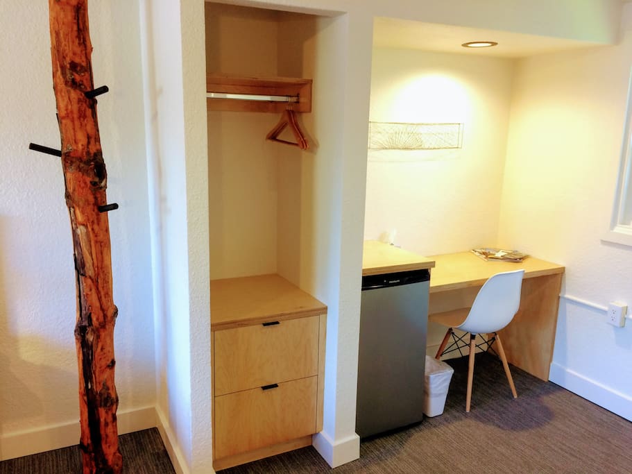 Custom built cabinetry and desk by Smith & Vallee Woodworks, mini-fridge