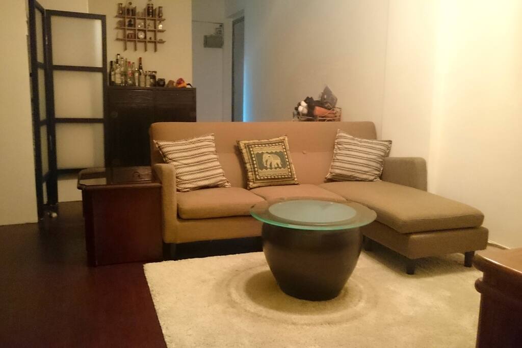 Living room with retro L-shaped couch
