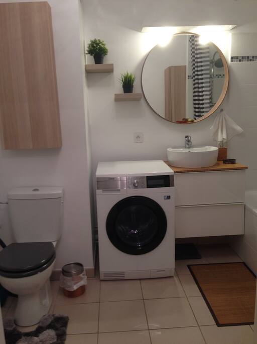 Salle de bain : Wc, machine à laver/sèche linge, lavabo, baignoire et meubles de rangement. Nous mettons à votre disposition : serviettes de toilette, gel douche, shampoing, sèche-cheveux, table et fer à repasser