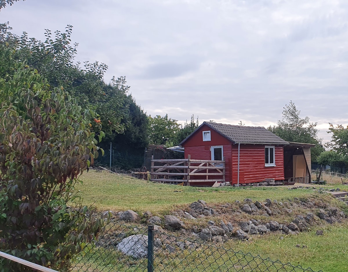A small red cabin is situated on a grassy area, surrounded by low stone walls. A wooden fence runs along one side, and trees are visible in the background, providing a natural backdrop to the cabin's charming exterior.